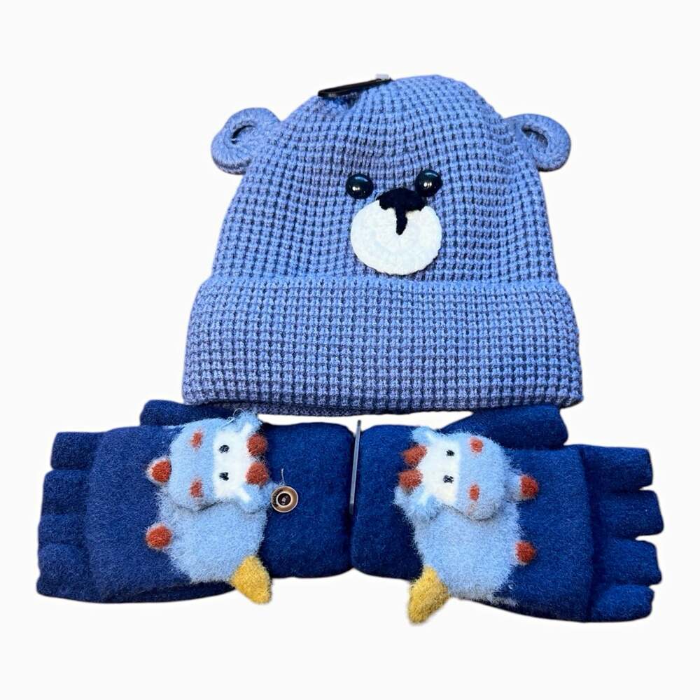 Tippy's Infant Blue Knit Beanie Hat & Gloves Set Bear Face Embroidered Lined